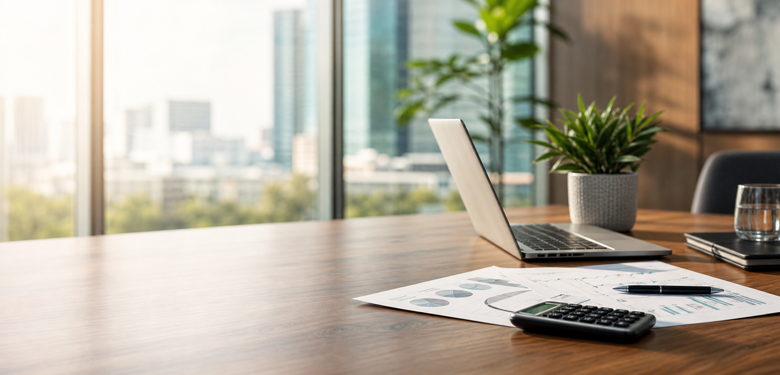 A bright workspace with financial reports and a laptop